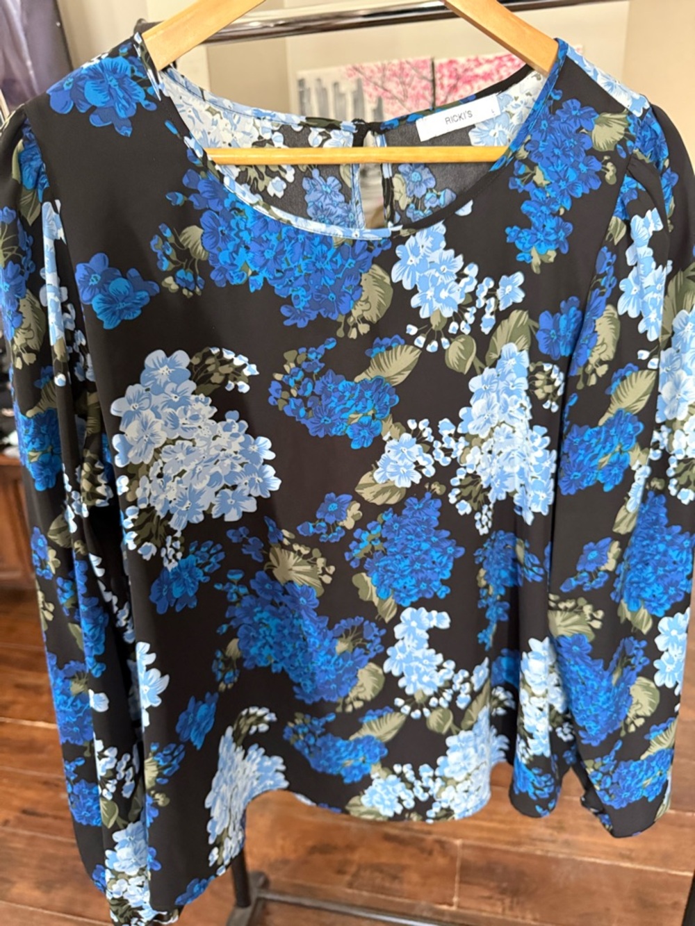Ricki's Black Floral Long-Sleeve Blouse with Blue and White Blooms
